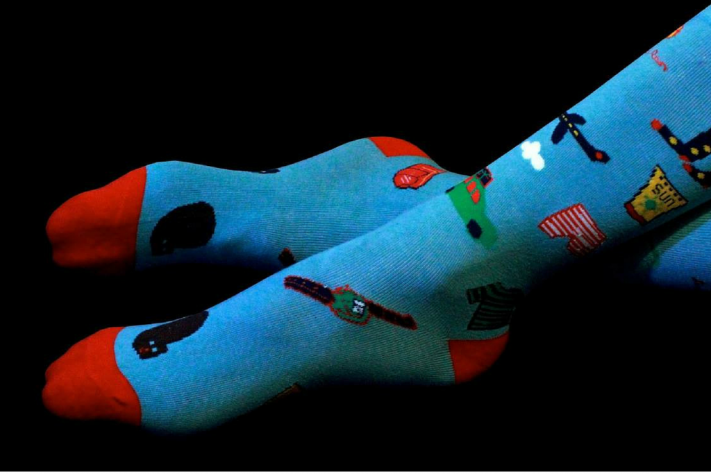 Bertrand's Proper Socks closeup of funky blue socks
